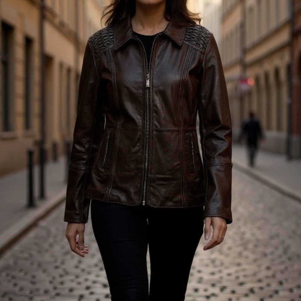 Women’s Leather Excelled Collection Zip Jacket metallic bronze belt strap Size M